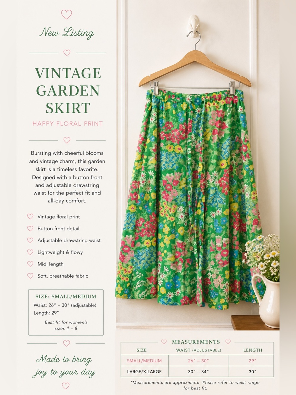 Vintage Garden Floral Midi Skirt - Green Floral